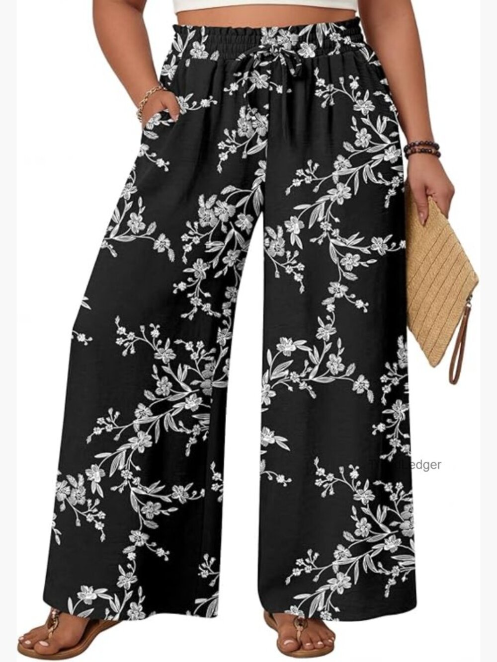 Plus Size Wide Leg Palazzo Pants with Pockets High Waist Flowy Trousers